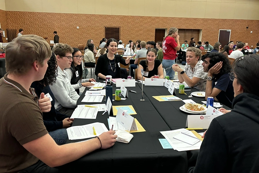 Group of 9 participants having a discussion at a table